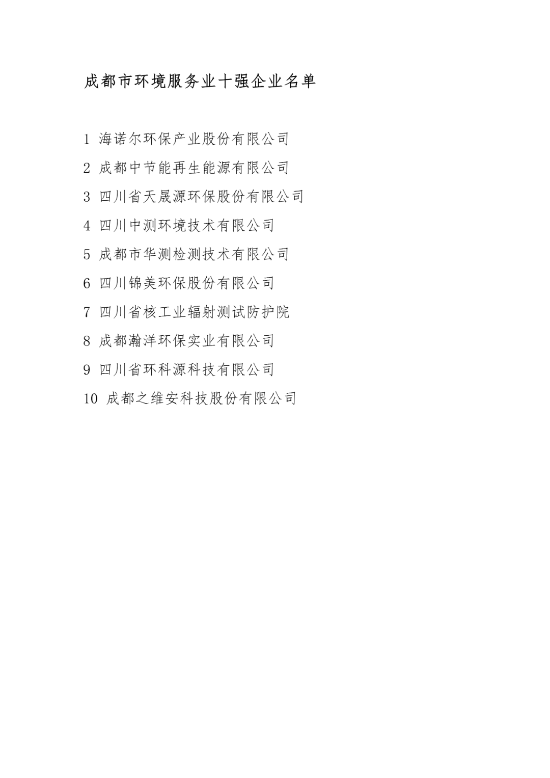 成都環(huán)保企業(yè)30強榜單出爐